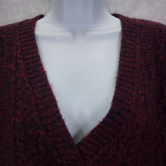 Sundance Sweater Womens Large Chenille Cable Knit Maroon Red Black Marled V-Neck - Picture 2 of 12